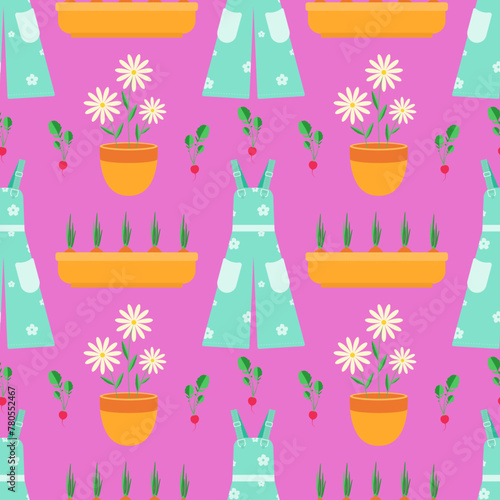 Garden tools and plants seamless pattern, pots, bow, overalls, flowers on a pink background.