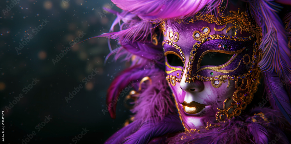 Closeup of an elegant Venetian mask with purple and golden ornaments surrounded by feathers. A woman's gaze is hidden behind the intricately decorated masquerade accessory