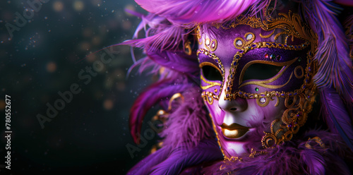 Closeup of an elegant Venetian mask with purple and golden ornaments surrounded by feathers. A woman's gaze is hidden behind the intricately decorated masquerade accessory