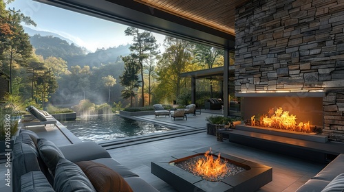 The cozy spring porch space of the stream luxury villa with Large monolithic natural stone fireplace in the forest at morning. outdoor seating and an open fire pit. Generative AI. © visoot
