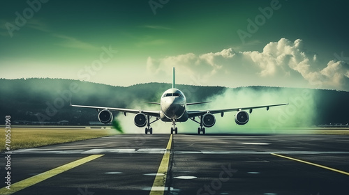 Majestic Airplane Ready for Takeoff on Runway with Mystical Green Smoke
