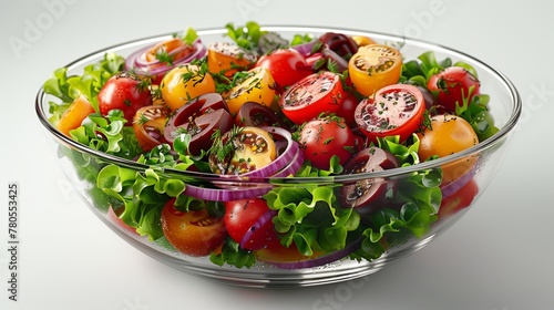 Salad from a set of fresh vegetables and lettuce leaves in a glass salad bowl on a white background