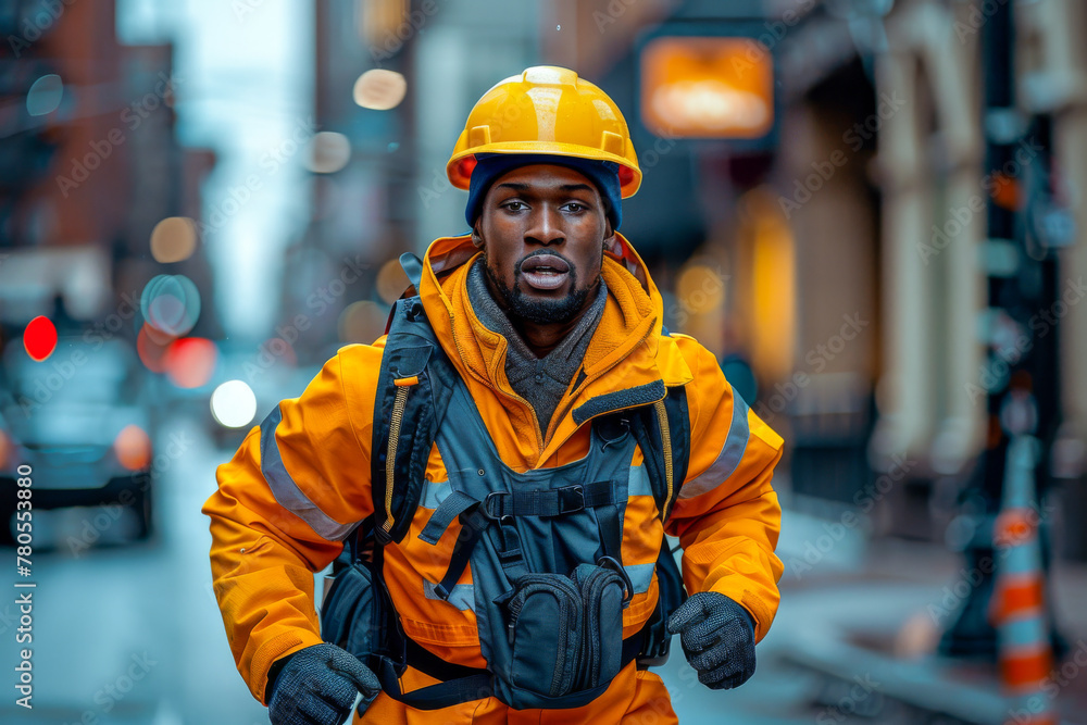 Urban Construction Worker in High-Visibility Gear Navigating the City Streets Urban Construction Worker in High-Visibility Gear Navigating the City Streets