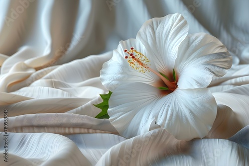 White Hibiscus Flower in Close-up against Beige Dynamic Fabric Background. Concept Flower Photography  Close-up Shots  White Hibiscus  Dynamic Fabric Background