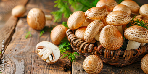Fresh Autumn Mushrooms in a Rustic Weave Basket on Wooden Background