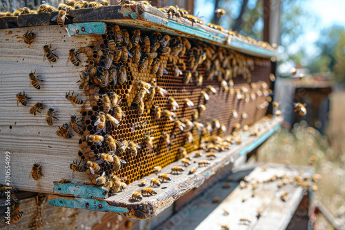 Busy Honeybees at Work on Honeycomb in Apiary © smth.design