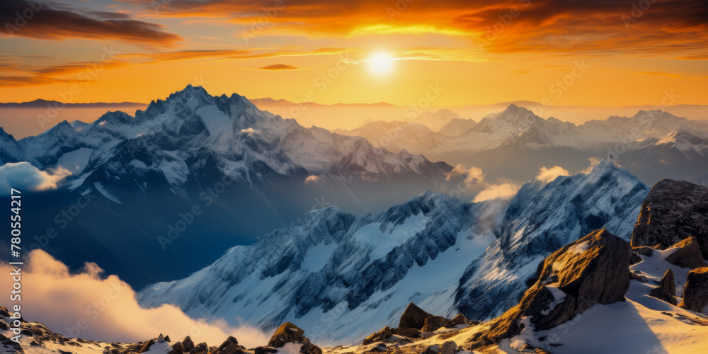 Majestic Mountain Sunset Panorama: Alpine Peaks and Glowing Horizon