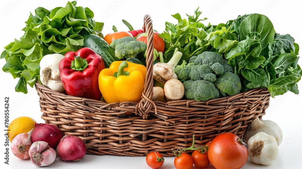Set of fresh vegetables in basket isolated on white Set of fresh vegetables in basket isolated on white