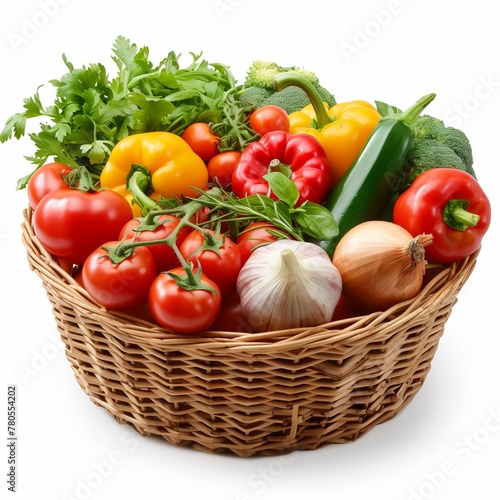 Set of fresh vegetables in basket isolated on white