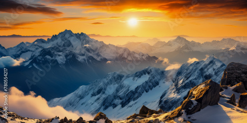 Majestic Mountain Sunset Panorama  Alpine Peaks and Glowing Horizon