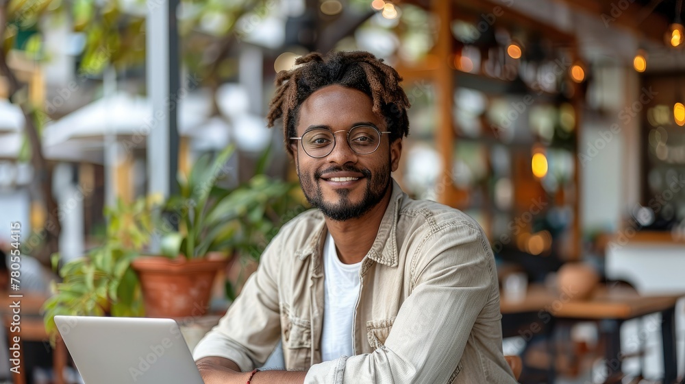 Portrait of a smiling fashionable man studying and working remotely. Generative AI. Portrait of a smiling fashionable man studying and working remotely. Generative AI.