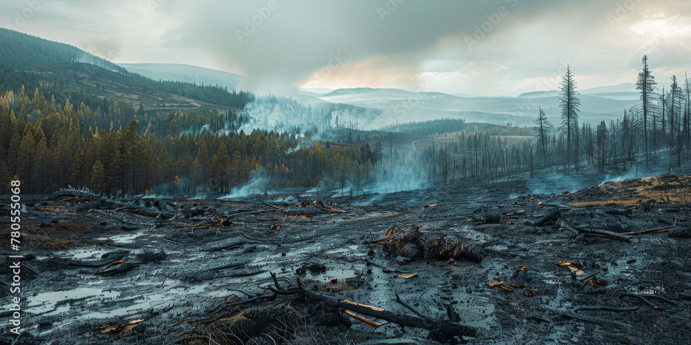 Post-Wildfire Landscape: Scorched Earth and Smoldering Forest