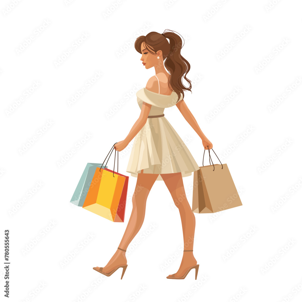Girl with bags, shopping, flat illustration isolated on a white background, concept