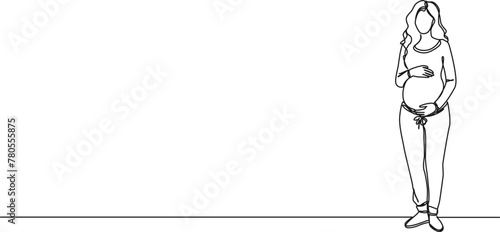 continuous single line drawing of pregnant woman holding her belly with both hands, line art vector illustration