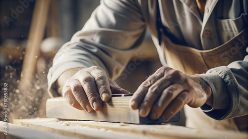 Primer plano de manos de un carpintero trabajando la madera. Concepto Día internacional del trabajador. photo