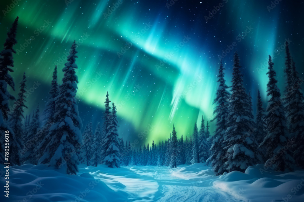 Naklejka premium Aurora boreal en el bosque nevado.