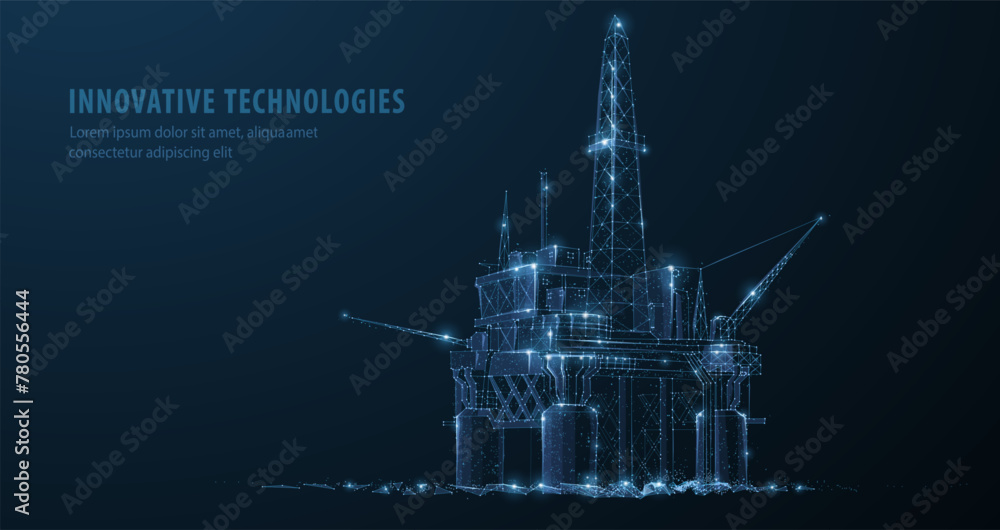 Oil rig. Abstract 3d floating rig platform isolated on blue. gas platform, offshore drilling, refinery plant, petroleum industry - obrazy, fototapety, plakaty 