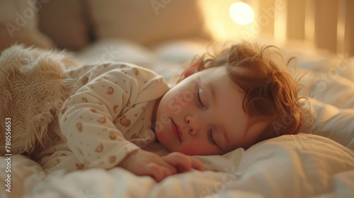 Closeup cute toddler baby sleeping on a cozy bed. Adorable toddler naptime. photo