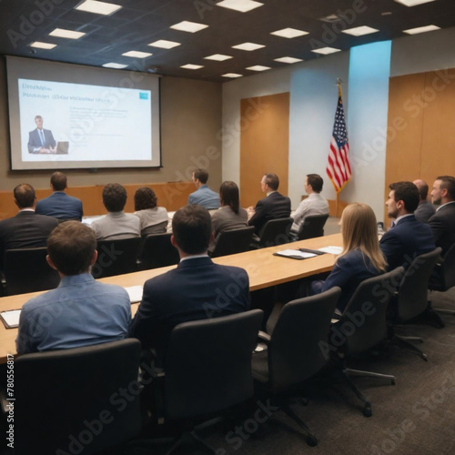 a group of people is sitting in a conference room with a screen