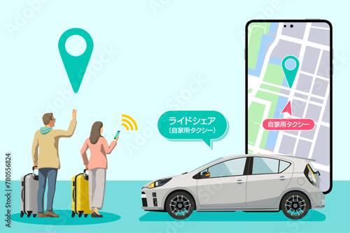 スマートフォンでライドシェアの車両を手配する外国人観光客 / アプリからのライドシェア（自家用タクシー）配車 / 日本版ライドシェアのベクターイメージ