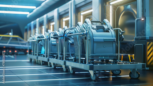 Airport baggage carts waiting to be loaded onto a plane, Futuristic , Cyberpunk photo