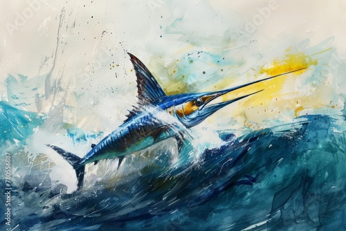 Swordfish or broadbill swordfish It is a type of bony marine fish in the family Xiphiidae. Watercolor painting. Use for wallpaper, posters, postcards, brochures. photo