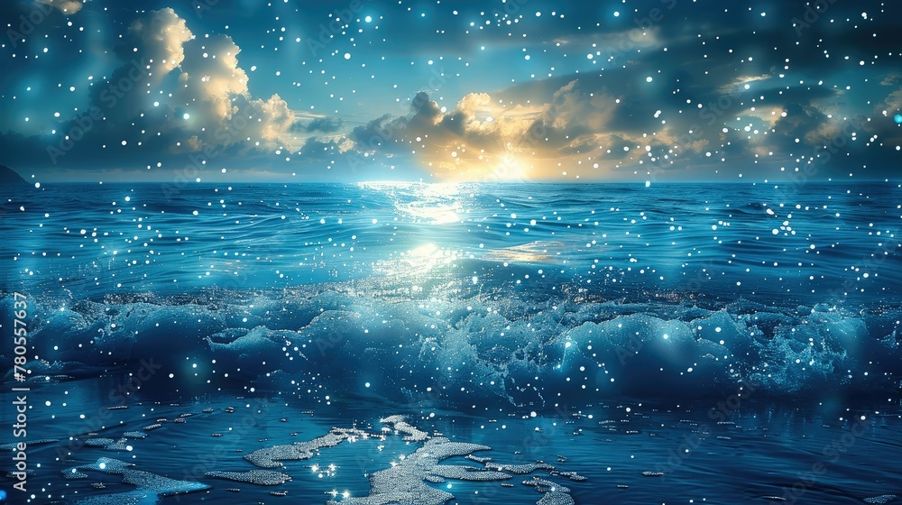 Sea front in galaxy cosmos stars galactic style sparkling blue. Generative AI.