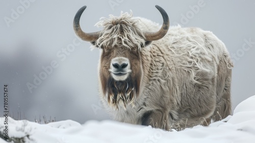 Yak in snow portrays wildlife serenity with bovid fur amidst the cold horns of winter © Superhero Woozie