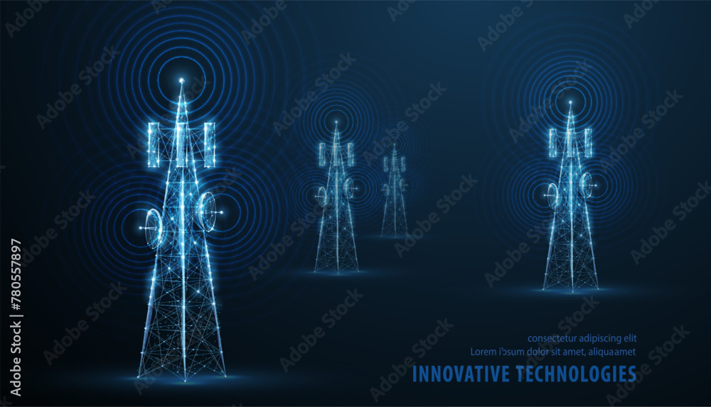 Abstract antenna mast on blue. 5G technology, telecommunication industry - obrazy, fototapety, plakaty 