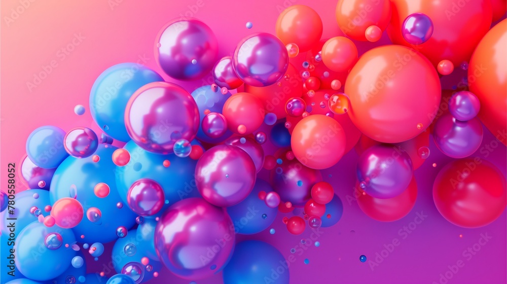 Balloons in pink and blue, floating in the air against a background of shimmering reflections, decorated with Christmas ornaments and bubbles Balloons in pink and blue, floating in the air against a background of shimmering reflections, decorated with Christmas ornaments and bubbles
