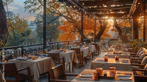 Outdoor terrace dining, tables set among subtle autumn foliage, cozy and picturesque. Generative AI.