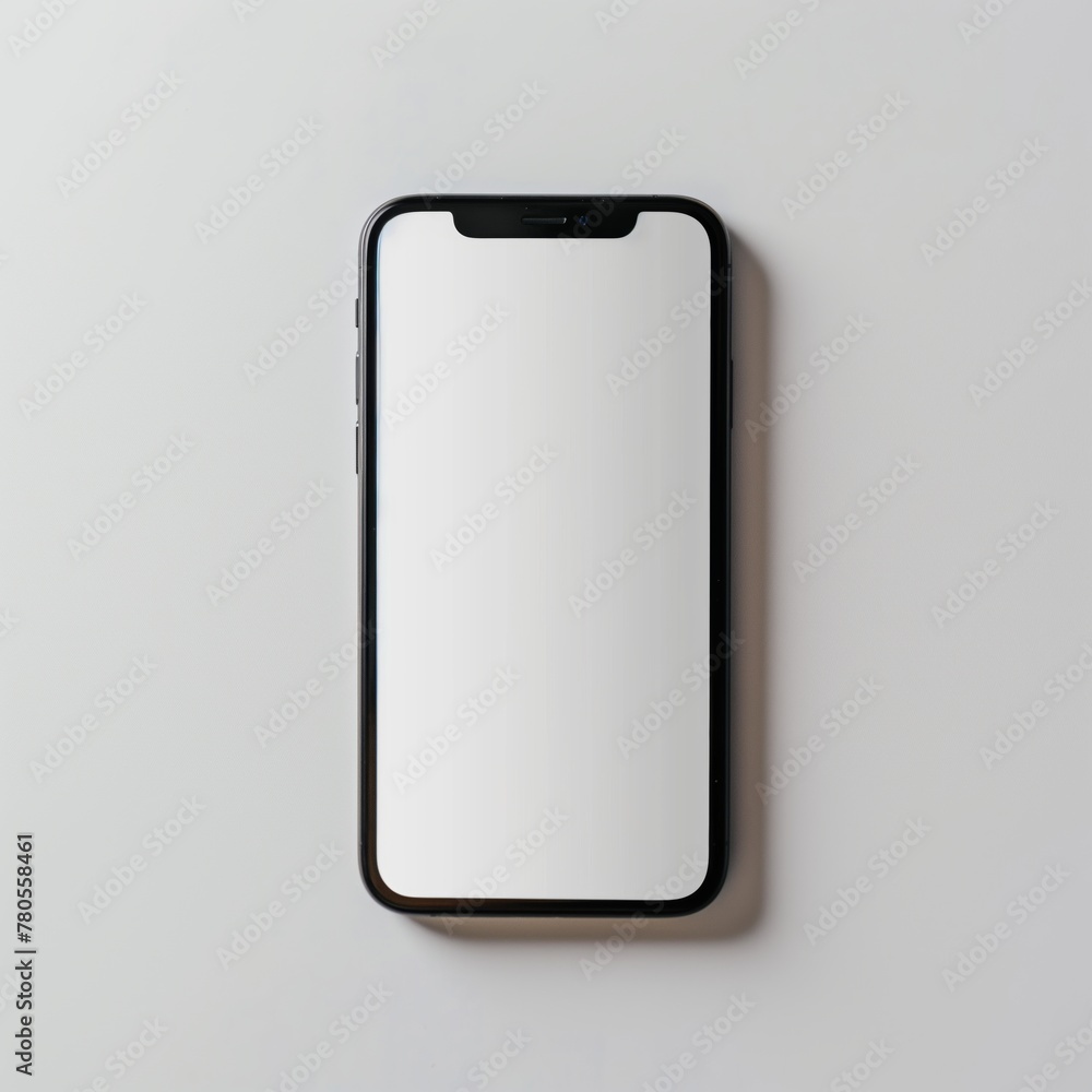Modern smartphone with a blank screen lies on a clean white surface. Modern smartphone with a blank screen lies on a clean white surface.