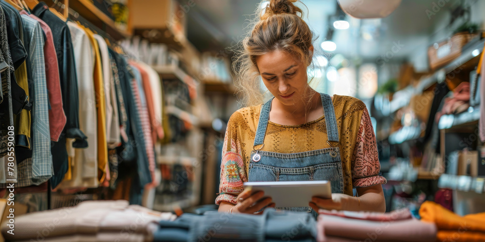 Young Woman Browsing on Tablet in Boutique Clothing Store Young Woman Browsing on Tablet in Boutique Clothing Store