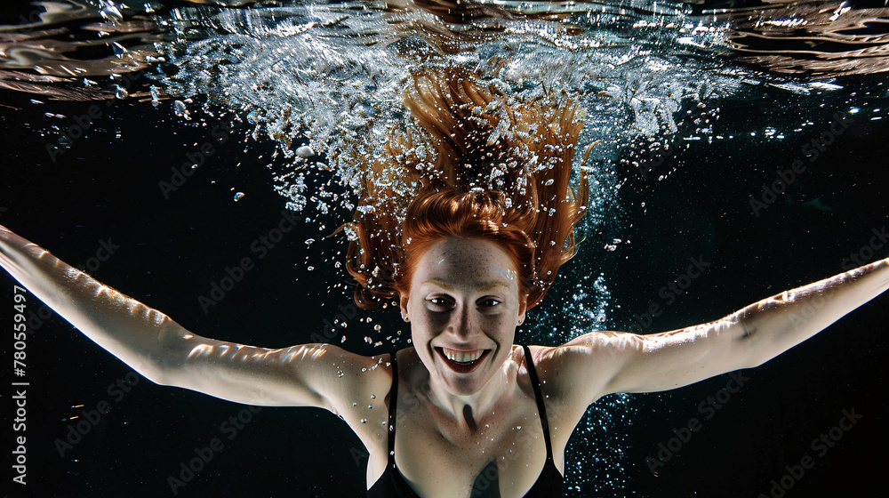 Fototapeta premium a full body view of female model, jumped in clear water