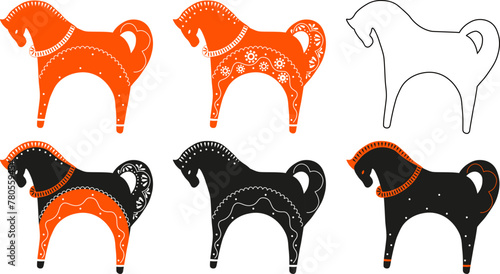 Folk ornamental horses in scandinavian style set vector illustration. Folk decorative red horse, black horse, horse outline photo