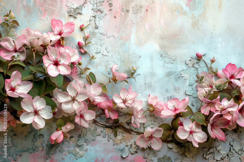 Blossoming Cherry Branches Against Textured Pastel Background Blossoming Cherry Branches Against Textured Pastel Background