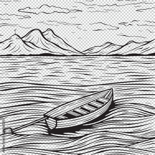 Boat in a lake with mountains in background  vector illustration on transparent for kids coloring pages