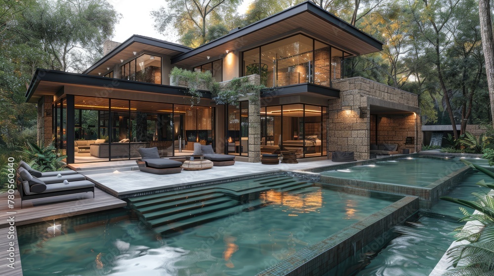A luxurious modern house with a swimming pool