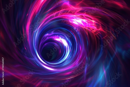 Neon blue and purple red light swirling in the middle of abstract shapes, black hole