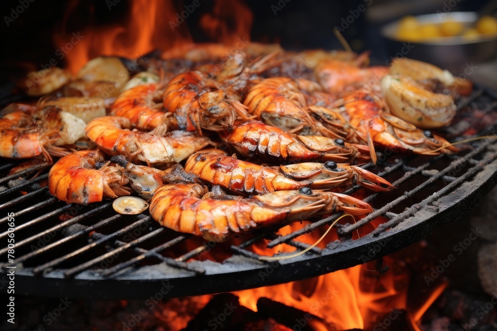 Succulent prawns grilling on a barbecue fire, ready for a seafood feast. Perfect for summer cookouts and outdoor dining Succulent prawns grilling on a barbecue fire, ready for a seafood feast. Perfect for summer cookouts and outdoor dining