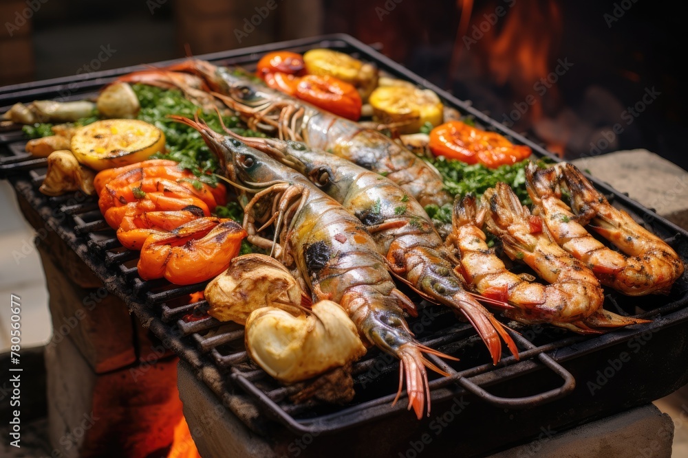 Succulent prawns grilling on a barbecue fire, ready for a seafood feast. Perfect for summer cookouts and outdoor dining