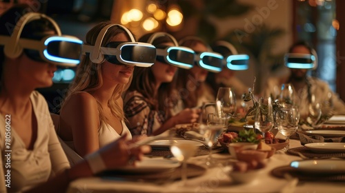 Family sitting at dinner and everyone wearing virtual reality glasses. Generative AI. photo