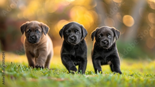 Three puppies walking together on grass
