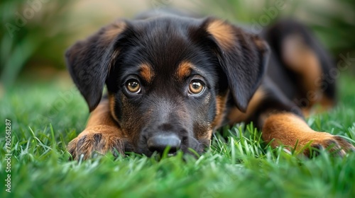 Loyal puppy lying down on green grass