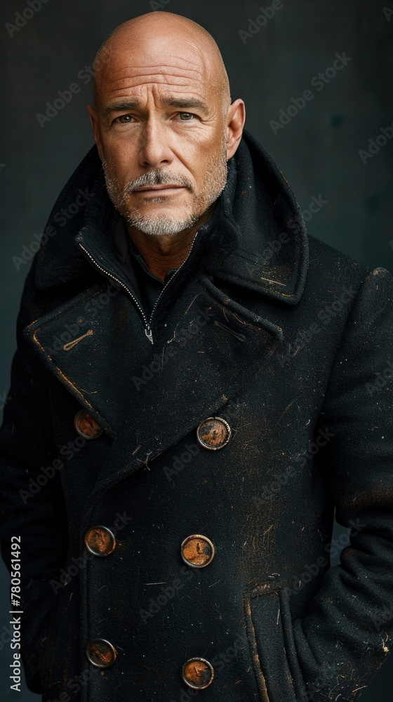 A studio portrait showcasing a mature and thoughtful bald man dressed in a black coat, exuding a sense of contemplation and sophistication. A studio portrait showcasing a mature and thoughtful bald man dressed in a black coat, exuding a sense of contemplation and sophistication.