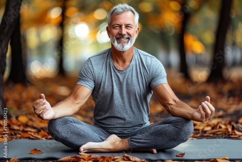 Man Practicing Yoga in Forest Clearing photo