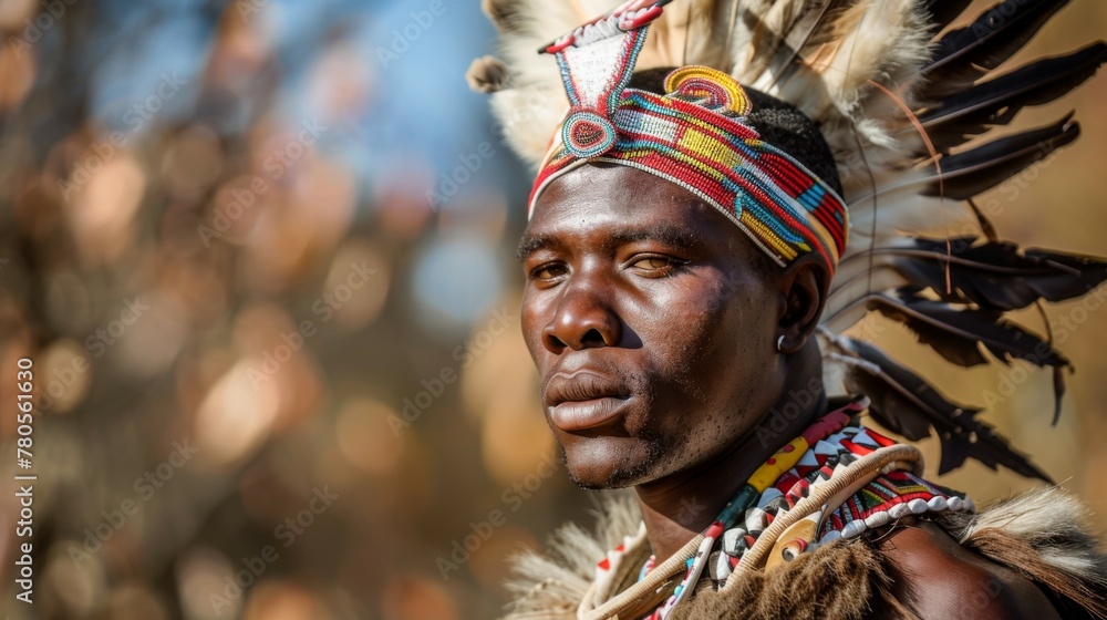 Traditional Zulu warrior in cultural tribal attire with headdress and beads