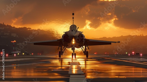 Jet fighter taking off on airport runway in nice sunset. Generative AI. photo
