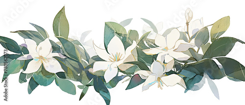 a white flowers and green leaves on a white background