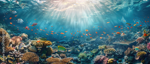 In the crystal clear blue sea, colorful fish swim around coral reefs, creating an underwater world of beauty and tranquility